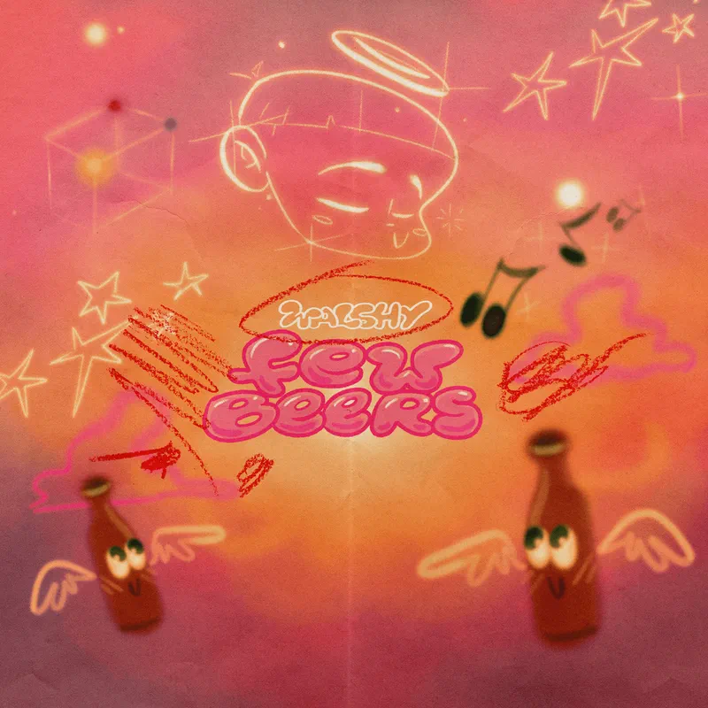 The few beers album cover: pink and orange doodles, stars and two winged beer bottles